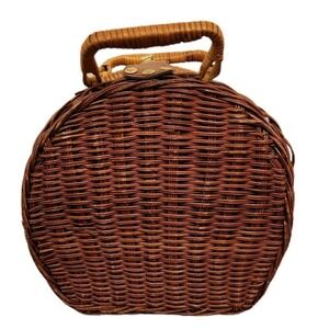 Wicker Picnic Basket Blue Plaid Cloth Inside Gold Colored Closure Hardware Bag